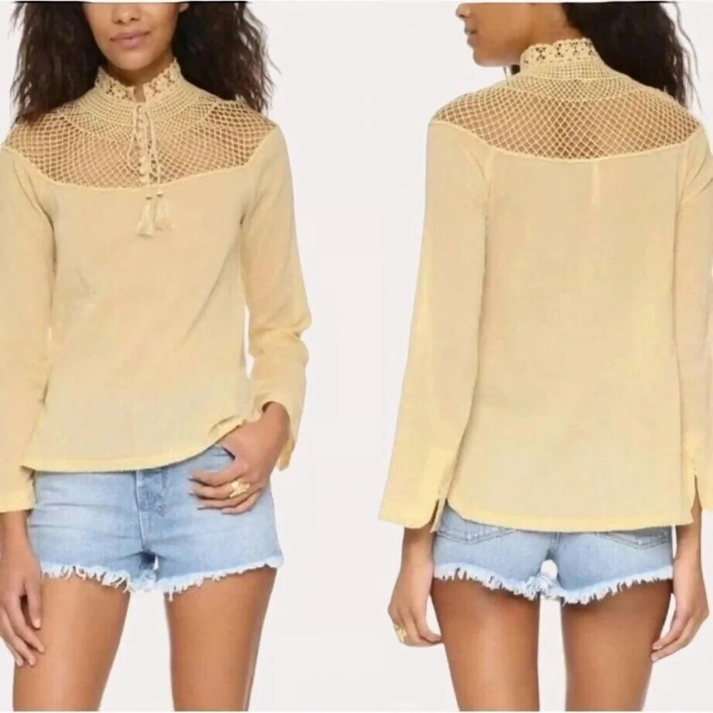 Free People On The Island Crochet Neckline Yoke Blouse Size Small